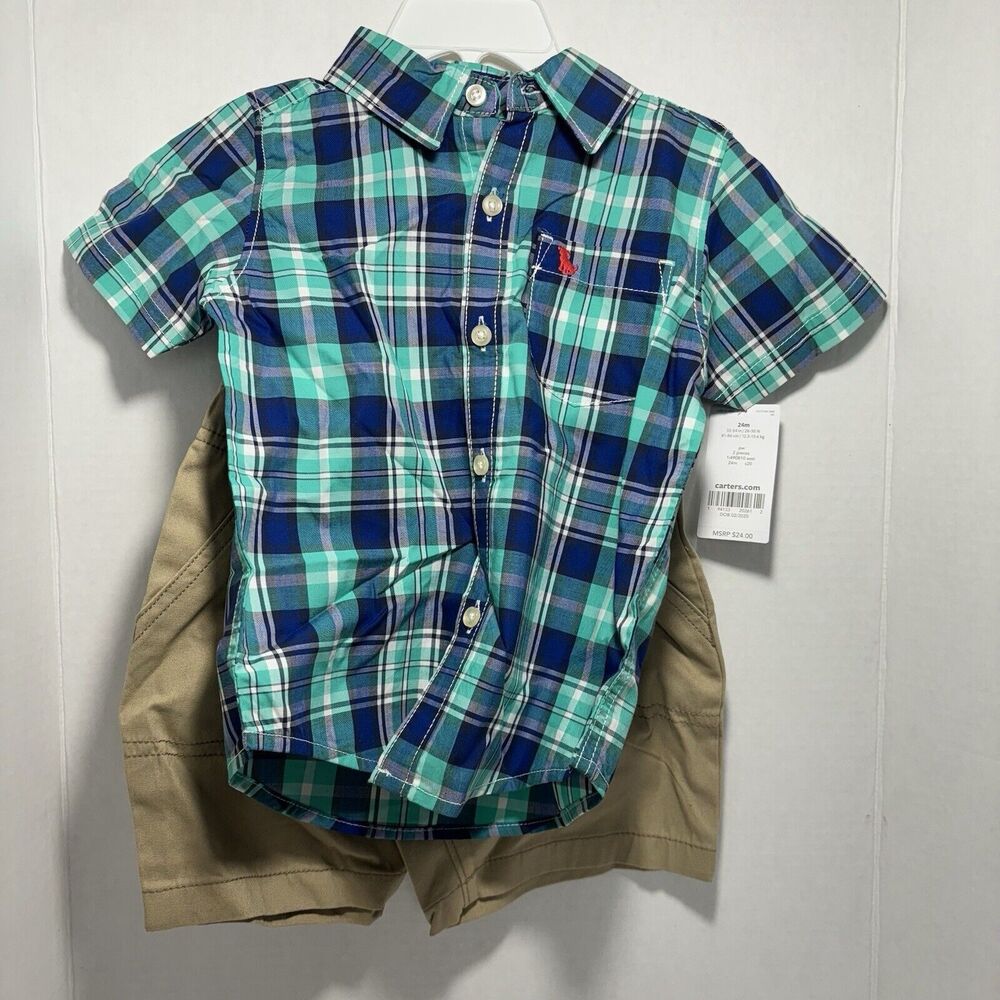 Carter's Boys 24M Blue Green Plaid Short Sleeve Button-Up Dress Shirt Toddler